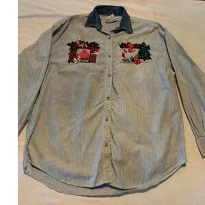 Vintage Button Down Christmas Shirt Size Large Santa Bear Tree Presents Grandma